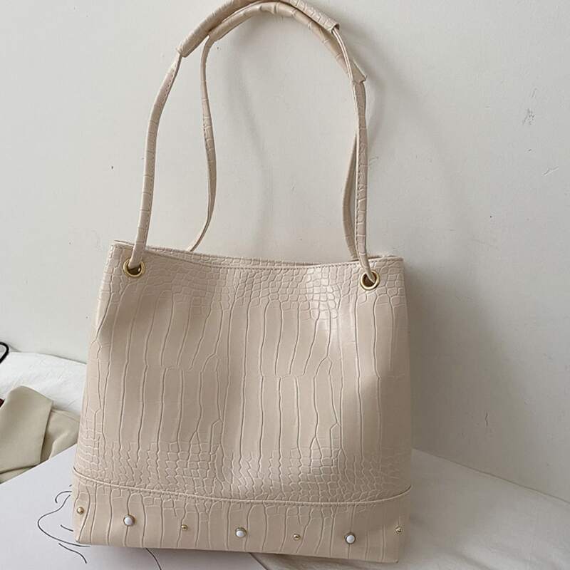 

Croc Embossed Tote Bag, Beige