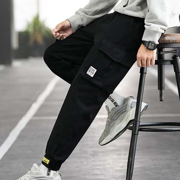 

Men Pocket Drawstring Waist Cargo Pants, Black