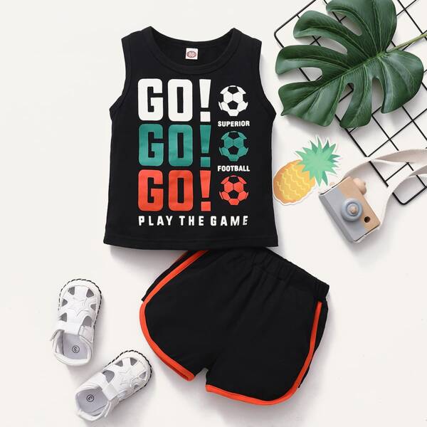 

Baby Boy Football Print Tank Top With Track Shorts, Black