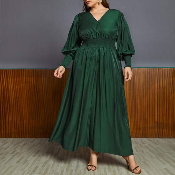 

Plus Shirred Waist A-line Dress, Dark green
