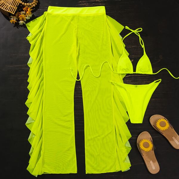 

3pack Neon Lime Micro Triangle Bikini Swimsuit & Mesh Pants, Neon lime green