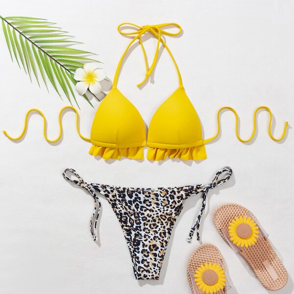 

Leopard Ruffle Hem Underwire Bikini Swimsuit, Multicolor