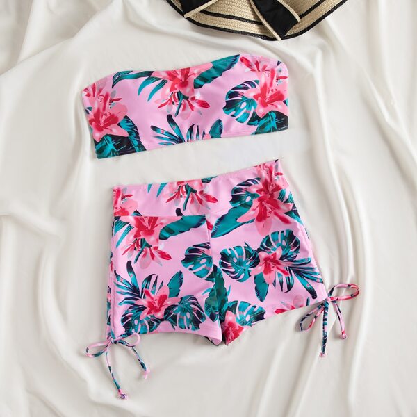 

Floral & Tropical Bandeau Shorts Bikini Swimsuit, Multicolor