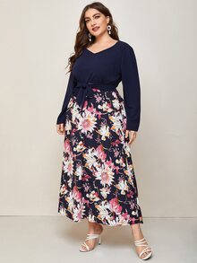 Mulvari 大碼花卉圖案假兩件A字型連衣裙 - 彩色 - 查看 3