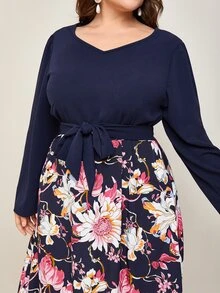 Mulvari 大碼花卉圖案假兩件A字型連衣裙 - 彩色 - 查看 5