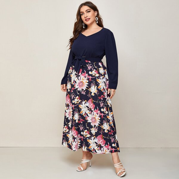 

Plus Floral Print Combo A-line Dress, Multicolor