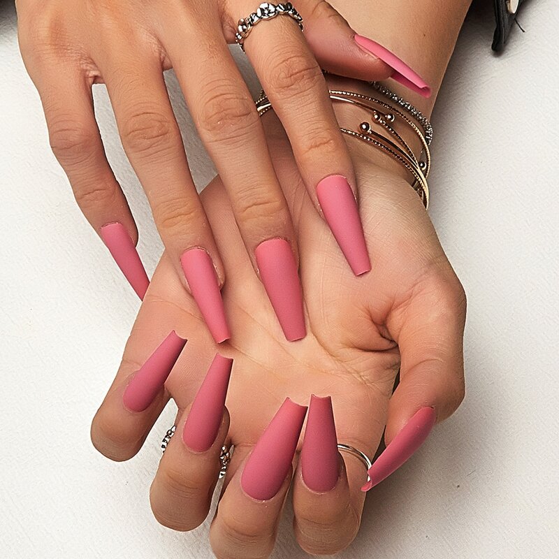 

24pcs Solid Fake Nail & 1sheet Tape, Pink