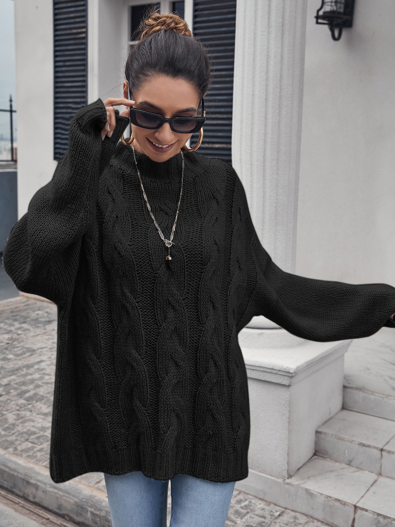 Mock Neck Drop Shoulder Cable Knit Oversized Sweater thumbnail
