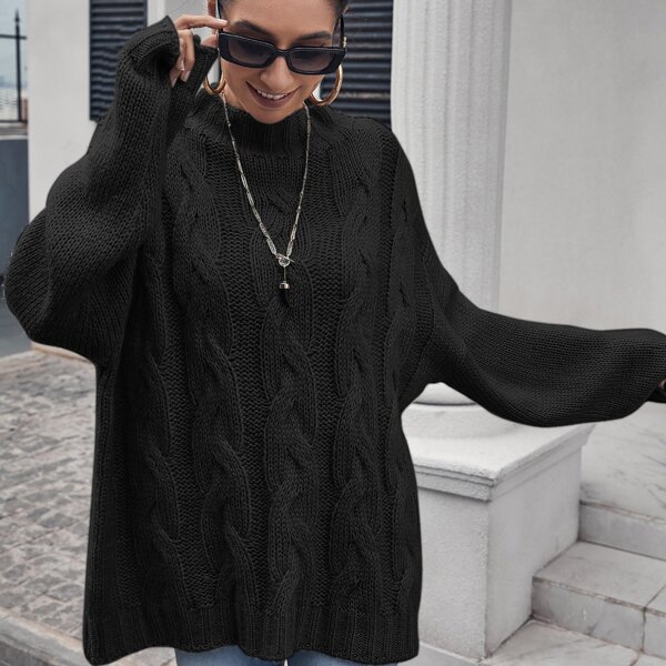 

Mock Neck Drop Shoulder Cable Knit Oversized Sweater, Black