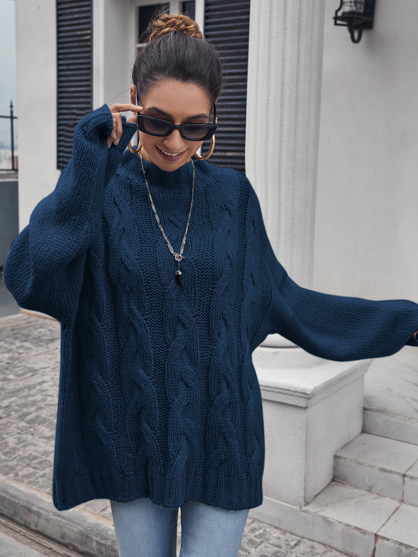 Mock Neck Drop Shoulder Cable Knit Oversized Sweater thumbnail