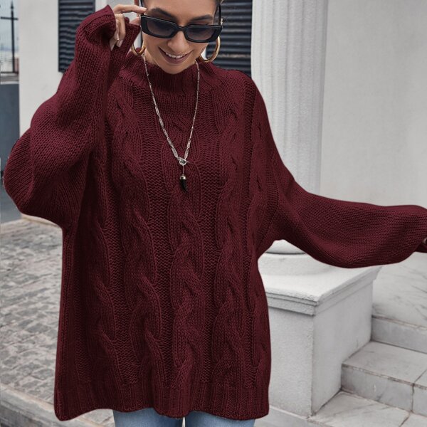 

Mock Neck Drop Shoulder Cable Knit Oversized Sweater, Maroon