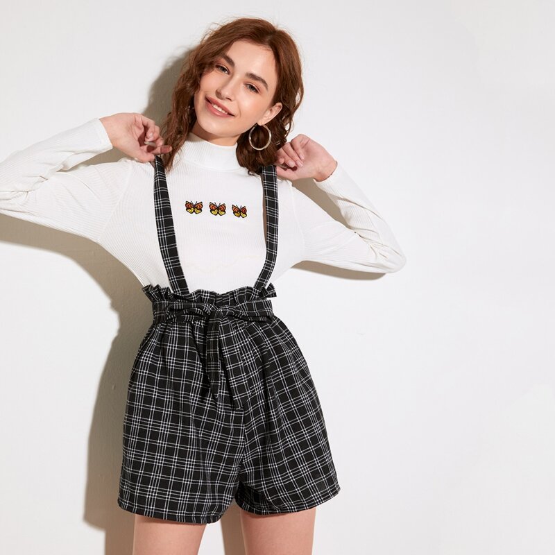 

Plaid Paperbag Waist Straps Jumpsuit, Black