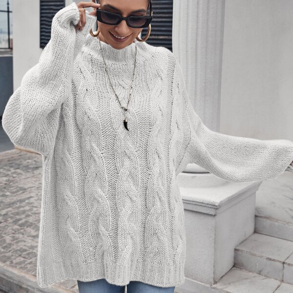 

Mock Neck Drop Shoulder Cable Knit Oversized Sweater, White