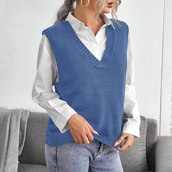 

V Neck Solid Sweater Vest Without Blouse, Blue