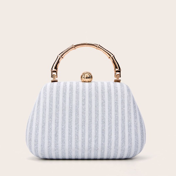 

Metal Lock Striped Chain Clutch Bag, Silver