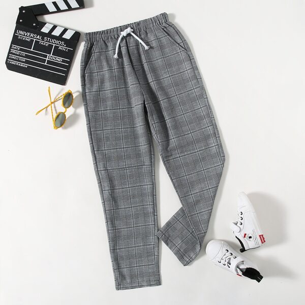 

Boys Plaid Drawstring Pants, Black and white