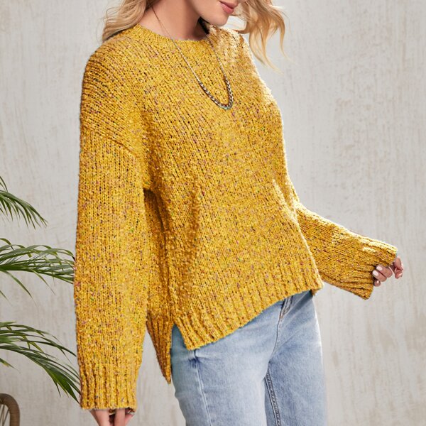 

Drop Shoulder Flecked Knit Slit Hem Sweater, Mustard yellow