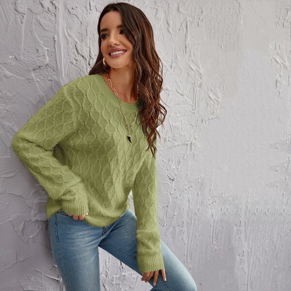 

Drop Shoulder Fuzzy Knit Sweater, Mint green