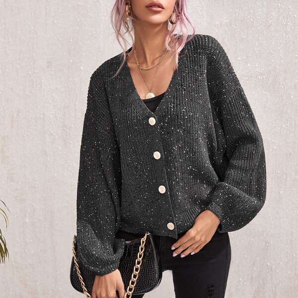 

Lantern Sleeve Button Front Cardigan, Dark grey