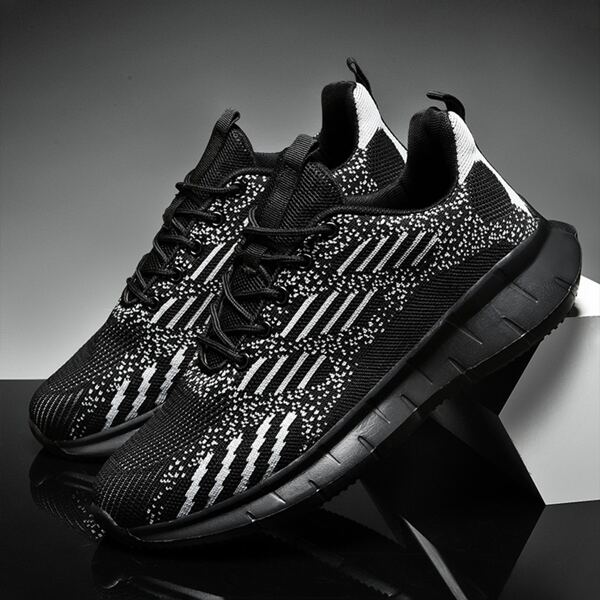 

Men Lace-up Front Striped Graphic Knit Sneakers, Black
