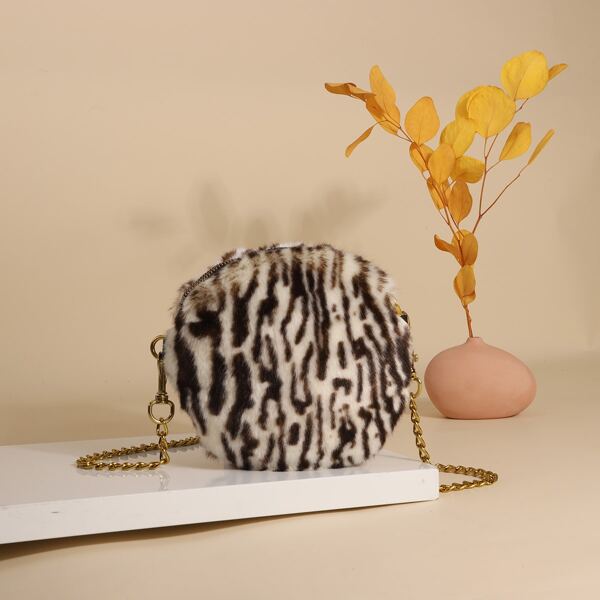 

Fluffy Zipper Chain Circle Bag, Multicolor