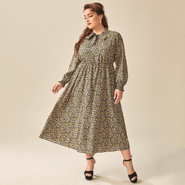 

Plus Tie Neck Ditsy Floral A-line Dress, Multicolor