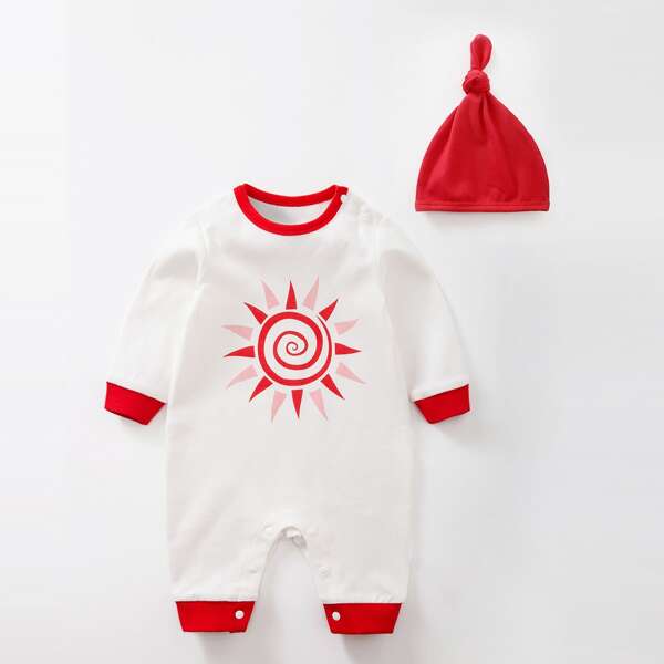 

Baby Unisex Graphic Print Colorblock Jumpsuit With Hat, Red and white