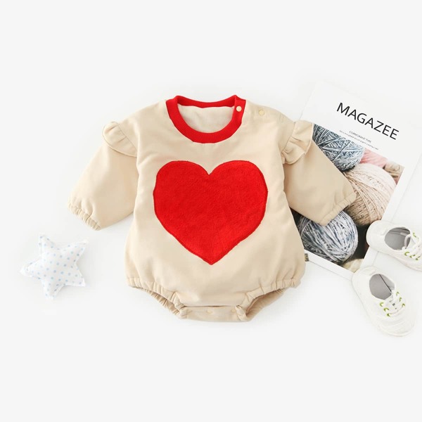 

Baby Girl Heart Pattern Frill Trim Bodysuit, Apricot