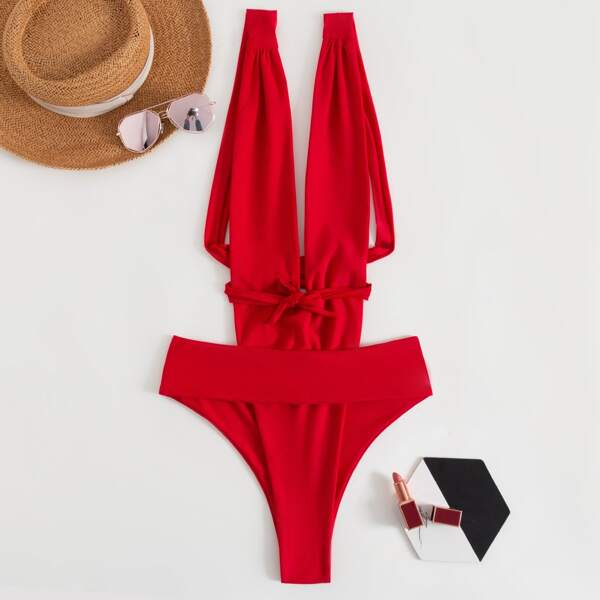 

Cut-out Knot Front One Piece Swimsuit, Red