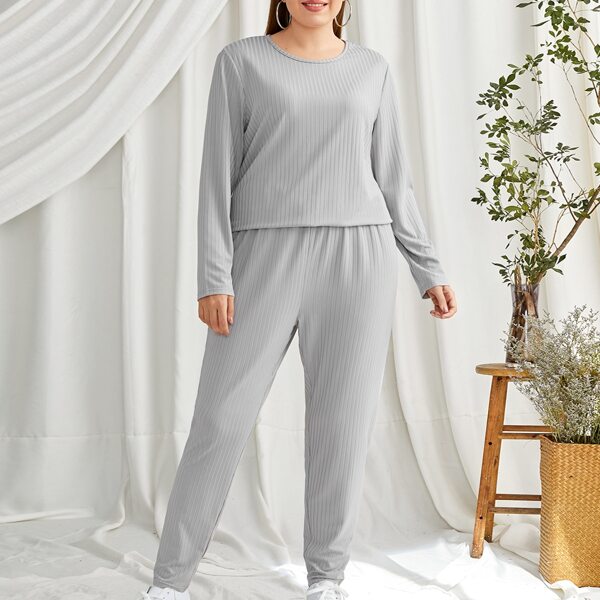 

Plus Solid Rib-Knit Tee With Pants, Light grey