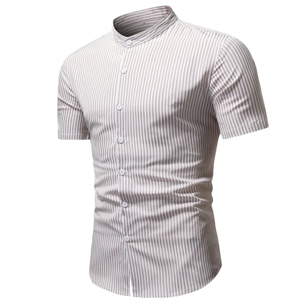 

Men Mock Neck Stripe Button Up Shirt, Khaki