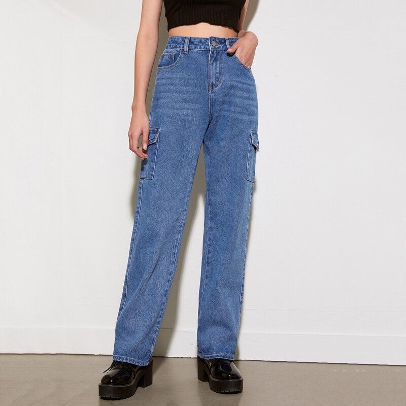 

Straight Leg Cargo Jeans, Medium wash