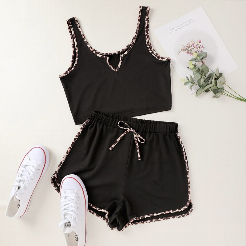 

Leopard Trim Notched Tank Top & Tie Front Shorts, Black