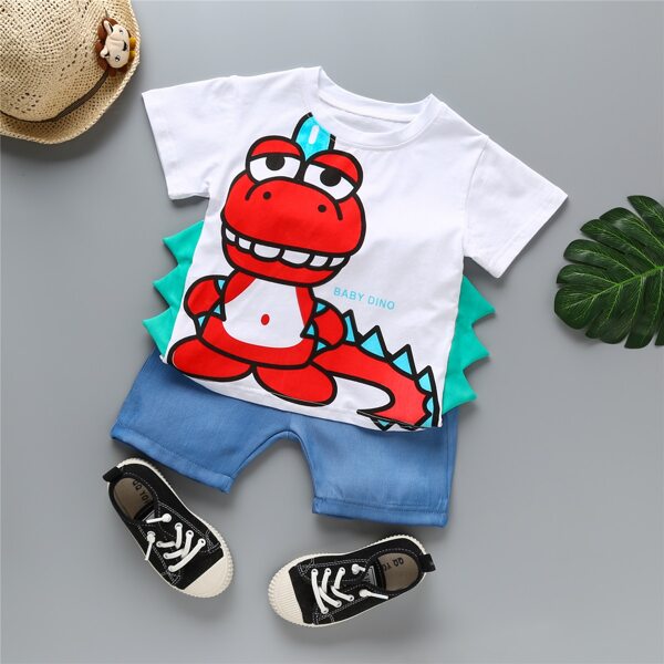 

Toddler Boys Cartoon Dinosaur Print 3D Design Tee & Shorts, Blue and white