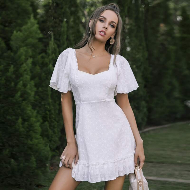 

Flutter Sleeve Ruffle Hem Schiffy Dress, White