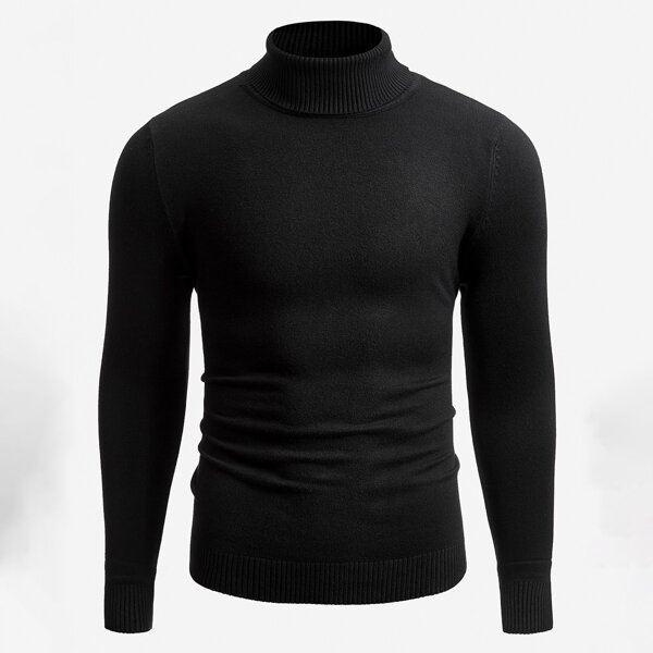 

Men Turtle Neck Rib Knit Solid Sweater, Black