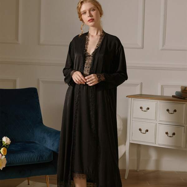 

Contrast Lace Cami Nightdress & Belted Robe PJ Set, Black