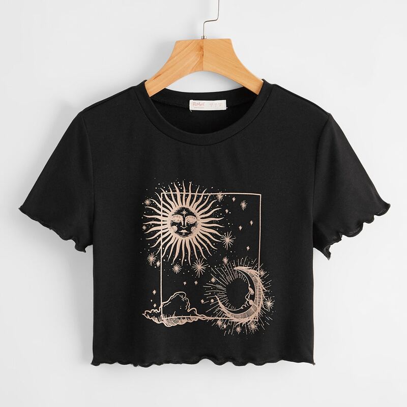 

Sun & Moon Graphic Lettuce Trim Crop Tee, Black