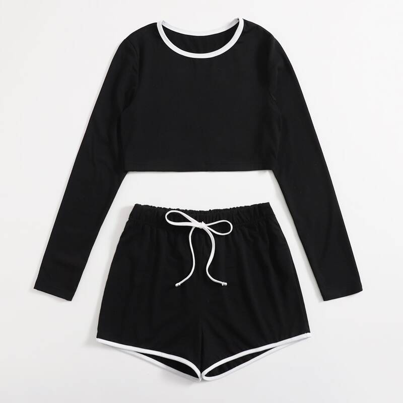 

Ringer Crop Tee & Tie Front Shorts, Black