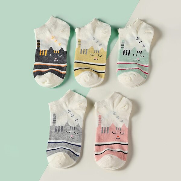

5pairs Cartoon Animal Print Ankle Socks, Multicolor