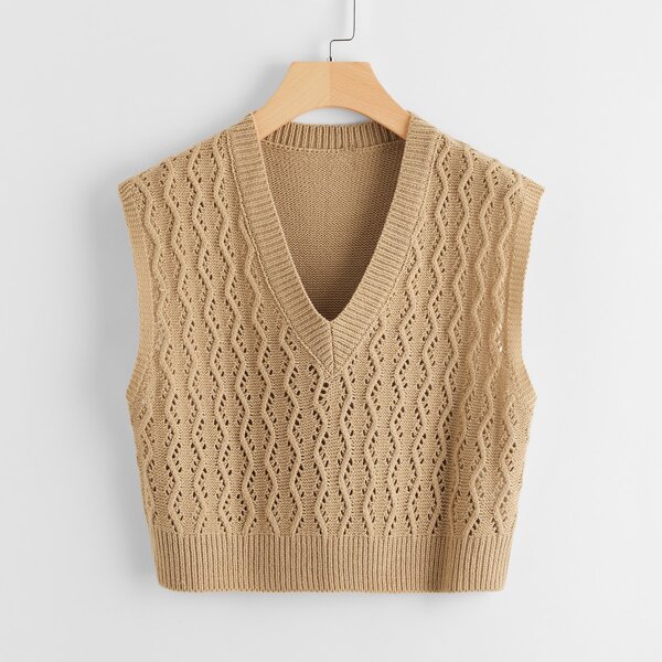 

V Neck Open Knit Sweater Vest, Khaki