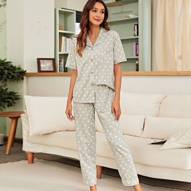 

Allover Heart Print Pajama Set, Grey