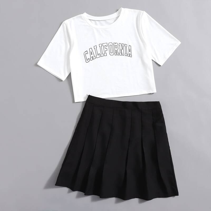

Letter Crop Tee & Solid Pleated Skirt, Black and white