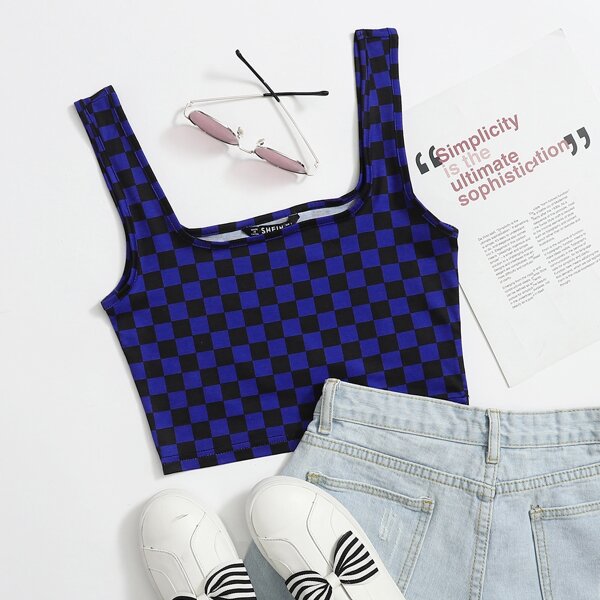 

Plus Checked Print Tank Top, Blue