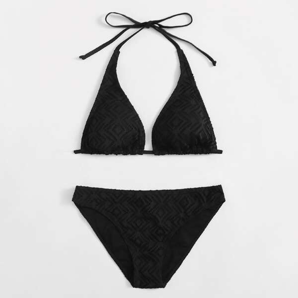 

Geo Hollow-out Pattern Halter Bikini Swimsuit, Black