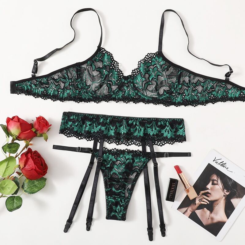 

Lace Garter Lingerie Set, Dark green