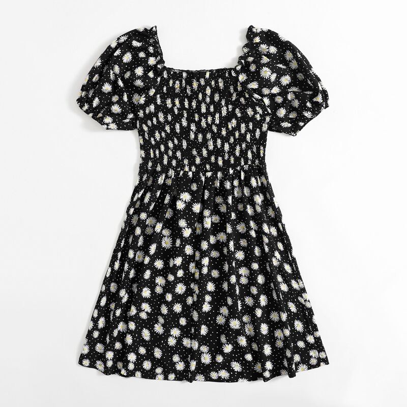 

Daisy Floral Shirred Dress, Black