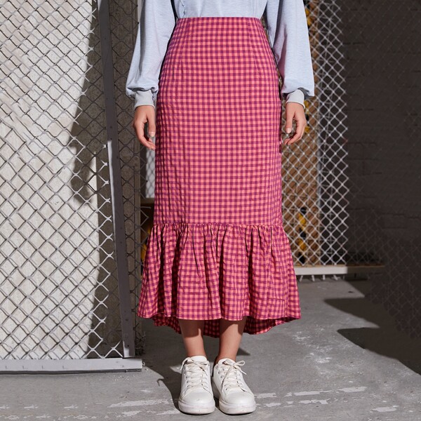 

Gingham Print Ruffle Hem Skirt, Pink