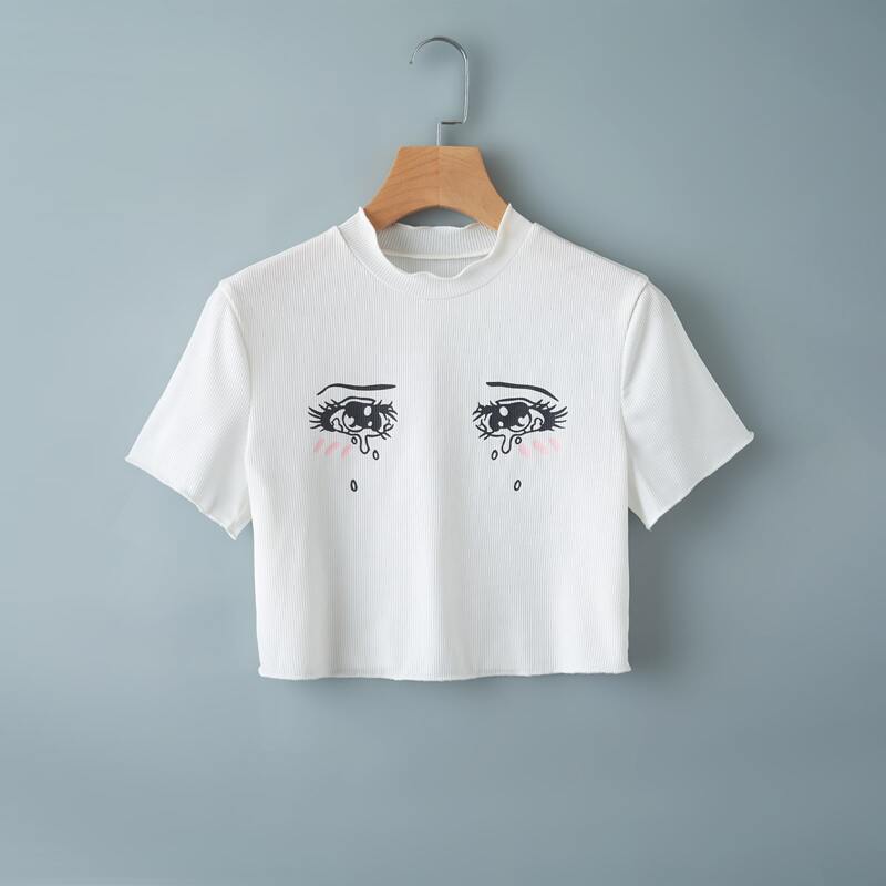 

Eye Print Ribbed Crop Tee, White