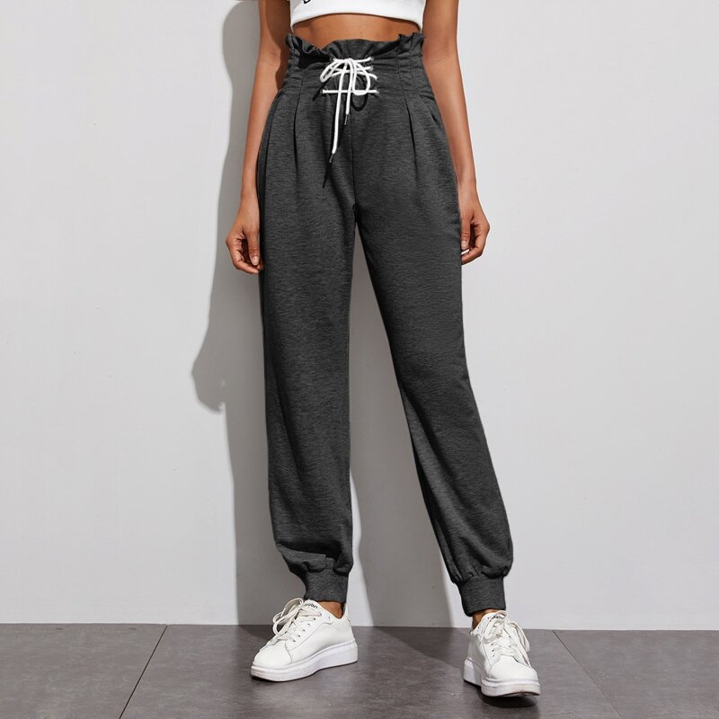 

Solid Lace Up Paper Bag Waist Pants, Dark grey